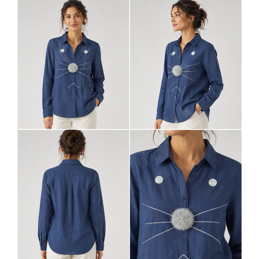 Kitty Cat Blue Whimsical Popover Top M Embroidered Whiskers Fuzzy Nose Shirt NWT